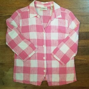 Womens Casual Button Up Pink& White Check Plaid Cotton Sz Small 3/4 Sleeve.